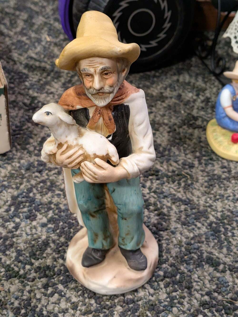 Vintage Bisque Porcelain Elderly Man Carrying Baby Lamb Figurine